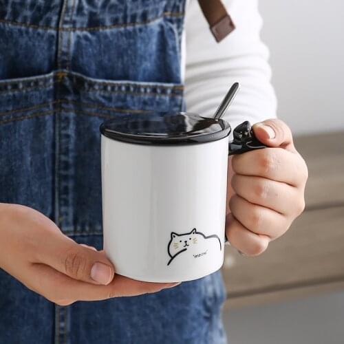 Cat handle ceramic cup creative cartoon cute mug with cover student water cup home breakfast milk cup