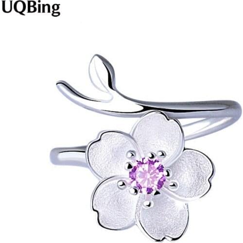 Fashion 925 Sterling Silver Cherry Blossoms Flower Rings Purple Zirconia Finger Ring For Party Birthday Gift