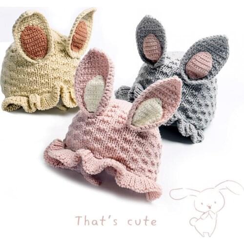 Cute Rabbit Ear Hat For Baby Girl Knit Bunny Bucket Cap For Baby Boys Toddler Panama Beanie Earflap Warm Cap Photo Accessory