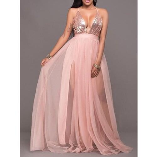 Fashion Deep V Neck Spaghetti Strap Backless Prom Dresses Lady Sexy Mesh Patchwork Sequins Slit Long Vestido Evening Party Robe