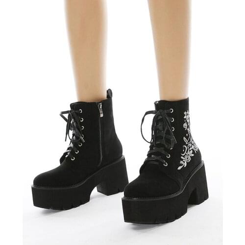 Fashion Flower Platform Boots Chunky Punk Suede Leather Womens Gothic Shoes Nightclub Lace Up Back Zipper High Quality