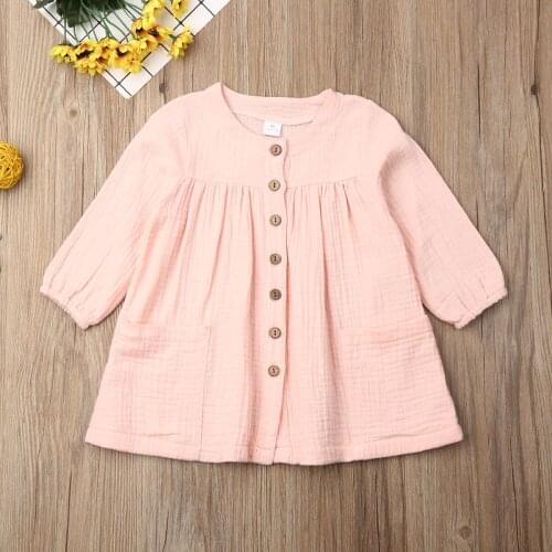 Pudcoco Toddler Baby Girl Clothes Solid Color Long Sleeve Ruffle Button Knitted Cotton Dress Princess Casual Dress Clothes