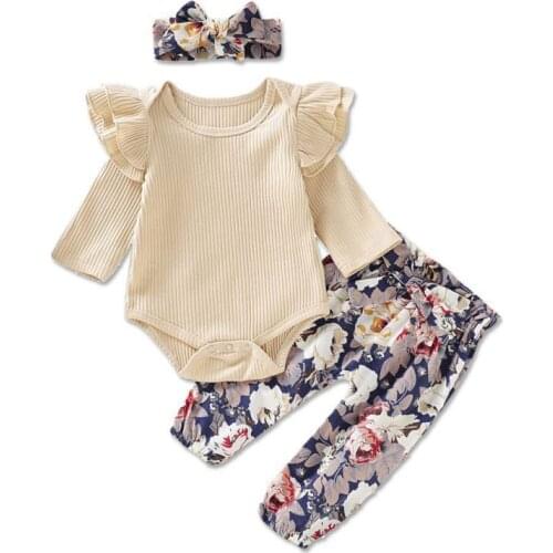 Autumn Baby Girls Clothes Set Kids Long Sleeve Romper Tops Flower Print Trousers Headband Children Newborn Infant Outfits