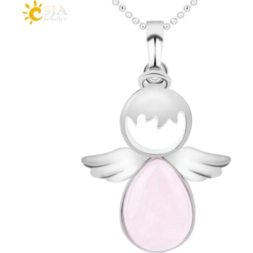 CSJA Angel Wings Necklace Natural Stone Quartz Crystal Angels Shape Pendant Water Drop Beads Lovely Jewelry for Women Girls F754
