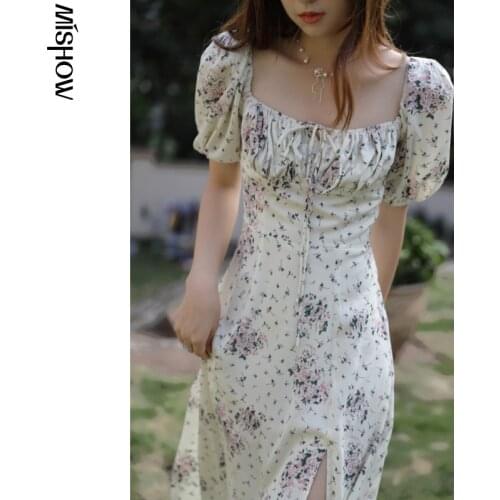 MISHOW Chiffon Dress for Women 2021 Summer French Sweet Floral Slim Vintage Square Neck Puff Sleeve Mini Boho Dresses MXA28L0235