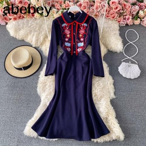 Women French Retro Floral Dress turn down Puff Sleeve Single Breasted A-line Dress Spring Chic Bohemian Print Long Dress