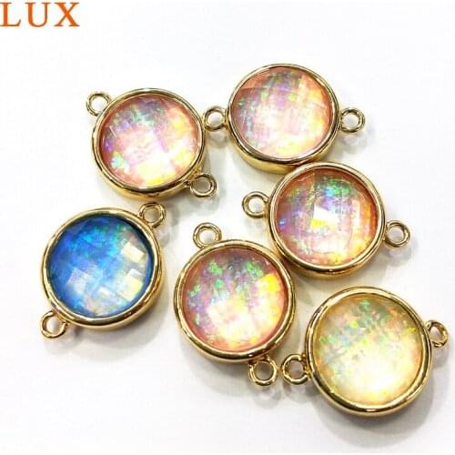 Gold color Plated Bezel Tiny Round lab Opal Connector Double Loops 12mm Small Opals Charm Link Gem stone Making Jewelry Craft