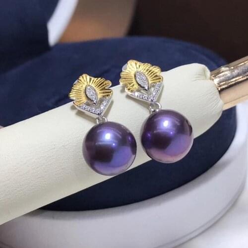 D513 Pearl Earrings Fine Jewelry 925 Sterling Silver Round 9-10mm Nature Fresh Water Purple Pearls Drop Dangle Earrings