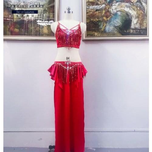 Belly Bance Practice Suit Diamond Top + Fringed Long Skirt 2-piece Set Female Adult Elegant Professional Performance Costume