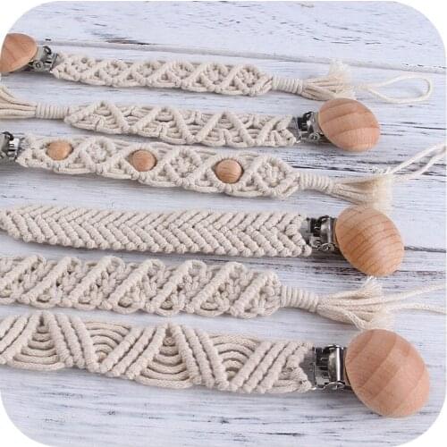 Vintage Beech Crochet Wood Clips Handmade Cotton Pacifier Clips Chain Eco-friendly Baby Nursing Nipple Holder Baby Teething Toy