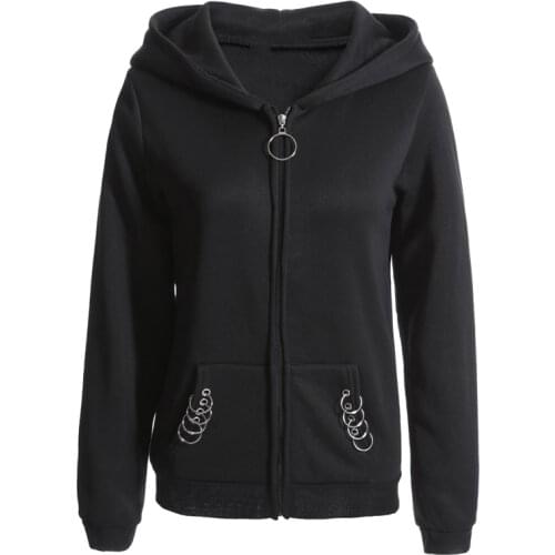 Kpop Gothic Punk Iron Ring zipper hoodies Sweatshirts women Autumn Winter streetwear cotton Long Sleeve Black Jacket Ladies Coat