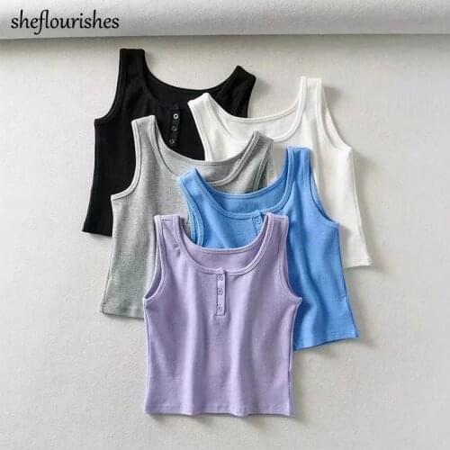 2021 Summer tank top women casual sleeveless tops solid korean style women cropped top corset o neck tops white crop top buttons