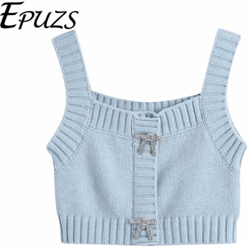 2021 Spring Blue Button Vest Sweater Women Fashion Slim Sleeve Elegant Crop Top Lady Casual Loose Chic Top Epuzs
