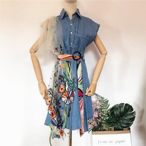 Denim stitching dress 2021 summer short-sleeved embroidered net yarn fashion temperament retro skirt women