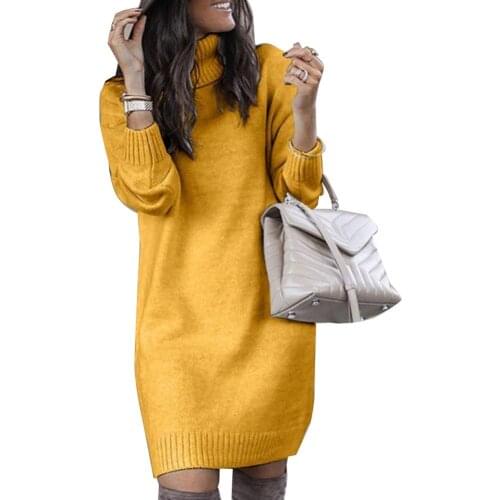 Oversized Sweater Dresses Women Elegant Autumn Winter Dress Turtleneck Long Sleeve Warm Loose Knitted Sweater Knee-length Dress