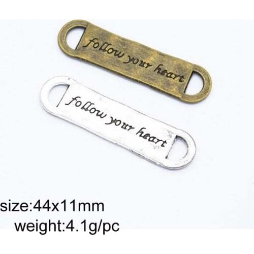 20pcs 44x11mm Two Color Plating Available Double Hanging Alloy Letter Follow Your Heart Charms Jewelry Pendant Findings