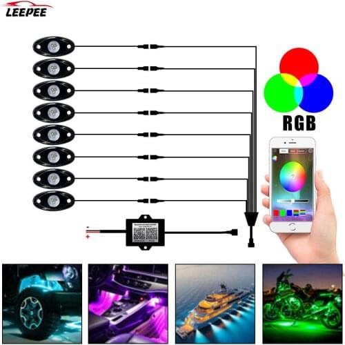 4/8pcs LED 10-30V Bluetooth App Control RGB Rock Music Lights Underbody Neon Atmosphere Lamps Car Accessories
