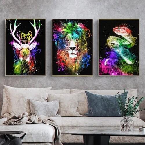 Abstract Colorful Lion Deer Painting Modern Animal Wall Art Picture for Artwork Canvas Poster Printed Graphic for Living Room