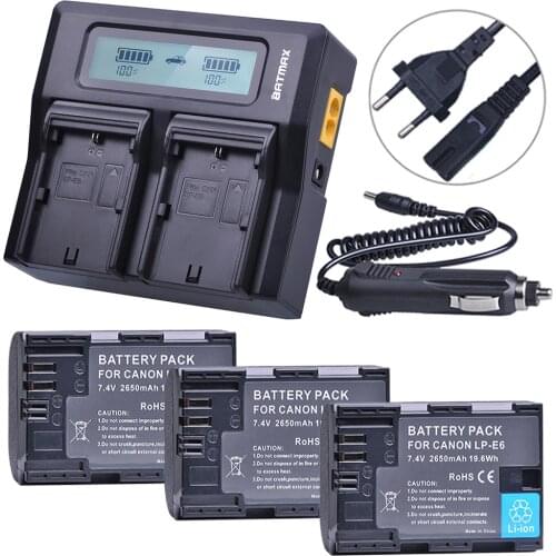 3PCS 2650mah LPE6 LP-E6 Battery + LCD Rapid Dual Charger for Canon EOS 5DS R 5D Mark II 5D Mark III 6D 7D 80D EOS 5DS R Camera