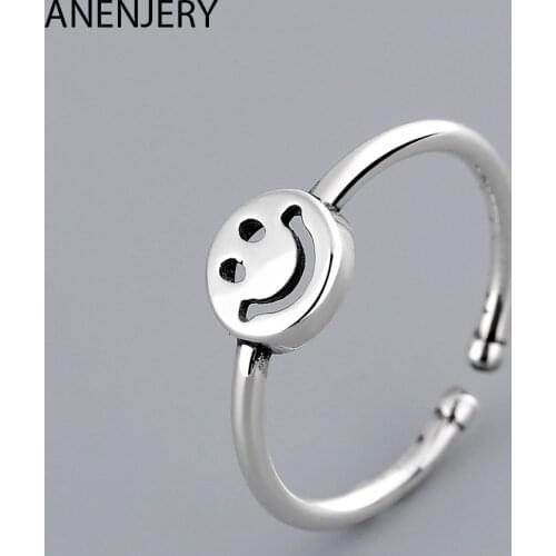 ANENJERY 925 Sterling Silver Fashion Retro Hollow Smiling Face Open Size Ring For Women Girl Jewelry Gifts S-R623