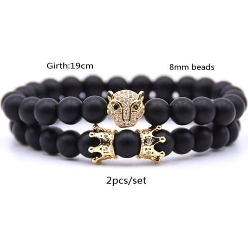 2pcs/set Handmade Crown Bracelet Femme Friends Leopard Head Stone Bead Bracelet Women Men’s Jewelry Pulseras Mujer Bracciali