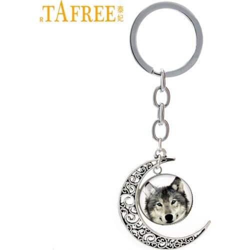 TAFREE Vintage Arct Wolf keychain cool blue eyes wolf wild animals moon pendant key chain geek wolves jewelry keyring gift T655