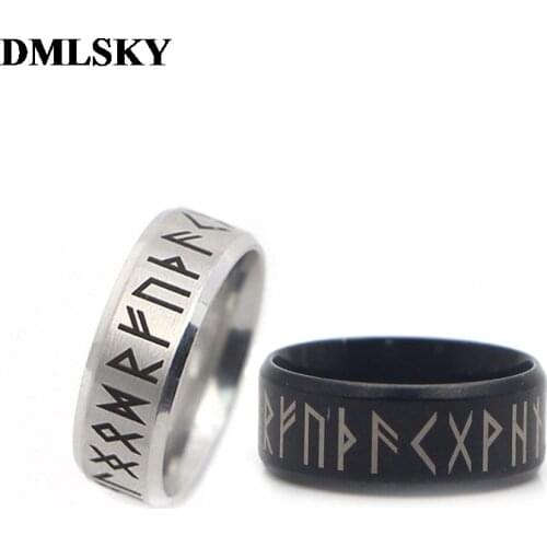 DMLSKY Old Style Retro Viking Rings Black Amulet Vintage Norse Runes Rings Jewelry Punk Ring for Women and Mens M3670