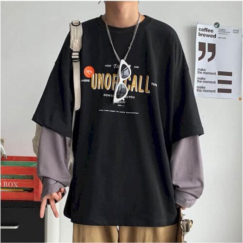 Fake Two-piece Long-sleeved T-shirt Women Tshirt Men Autumn Ins Korean Loose Letter Printing Student Jacket Couple Outfit Punk