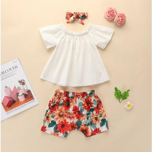 #VW Infant Baby Girls Summer Clothing Short Sleeve Solid O-Neck Tops Floral Print Shorts+Hairband Outfits Set 3-24M Girls Sets
