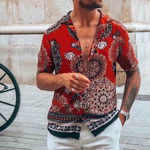2021 Summer Man shirt Nation Style turn-down collar Short Sleeve Casual Shirt Red Printed High-End Shirt Branded mens clothing