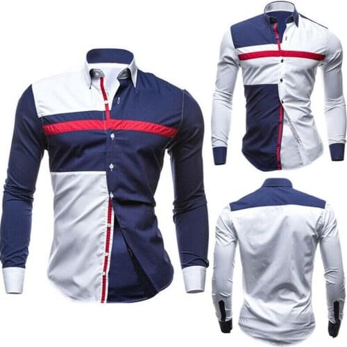 Mens Stylish Slim Fit Long Sleeve Turn-Down Collar Patchwork Shirt Male Formal Shirt Casual Daily Patchwork Single Breasted Tops