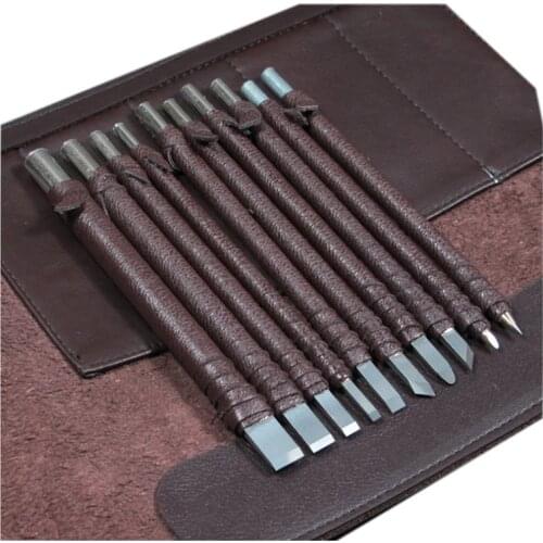 10Pcs Hand Tools Carving Knife Set Seal Stone Graver Lettering Engraving Tool with Leather Handle+ Leather Bag