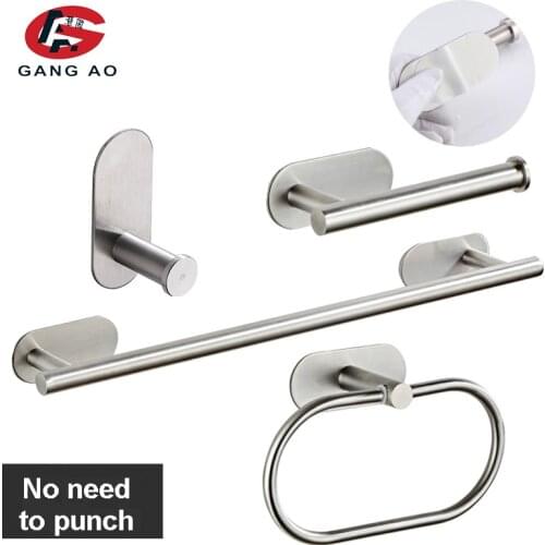 Bathroom Hardware Set Self-sticking, 304 Stainless Steel Brushed Towel Bar Paper Holder Accessories Set without nails