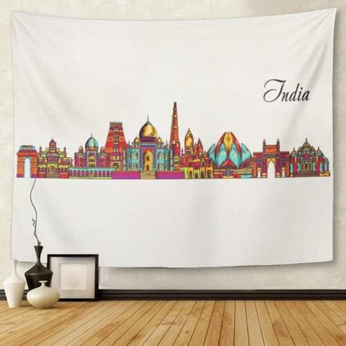 Delhi Hand Drawn India Skyline Hindu Architecture Tapestry Wall Hanging for Living Room Bedroom Dorm 60x80 Inches