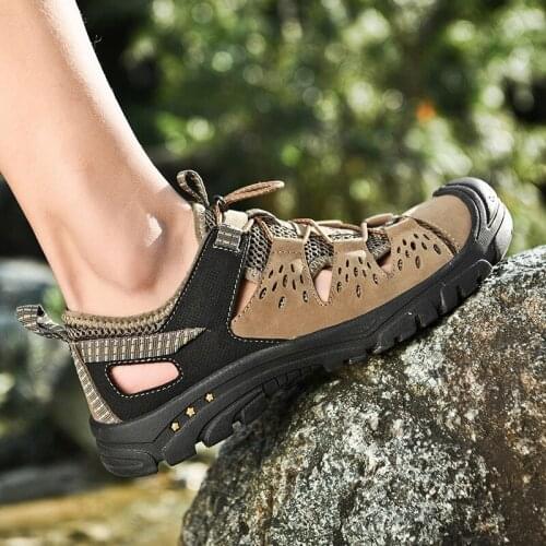Non-slip Sneakers Men Breathable Hiking Shoes Outdoor Trekking Mountain Shoes Leather Mesh Climbing Shoes Soft Sandals 38-46