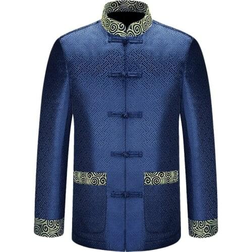 New Blue Chinese Traditional Mens Mandarin Collar APEC Leader Costume Jackets Coats Long Sleeve Chinese National Costume