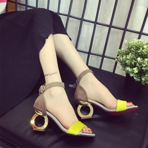 Leopard Sheepskin Fashion Brands Sandals Horse Hair Strange Style Buckle Strap Party Pumps Yellow Sexy Ankle Strap Woman Shoes