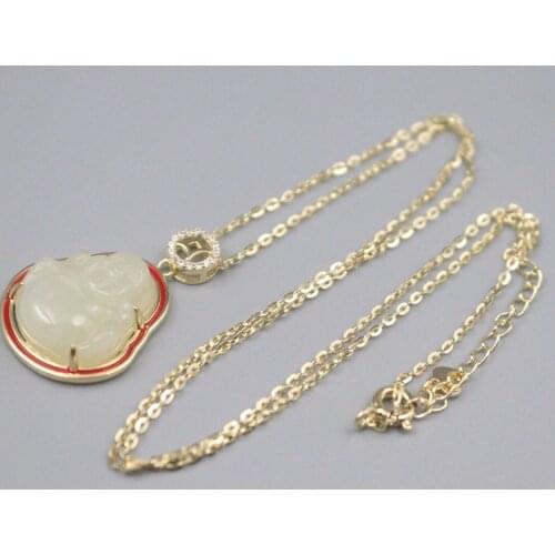 Real 925 Silver Pendant For Women Female Natural Hetian Jade Bless Buddha Yellow Silver Necklace 40-45cmL