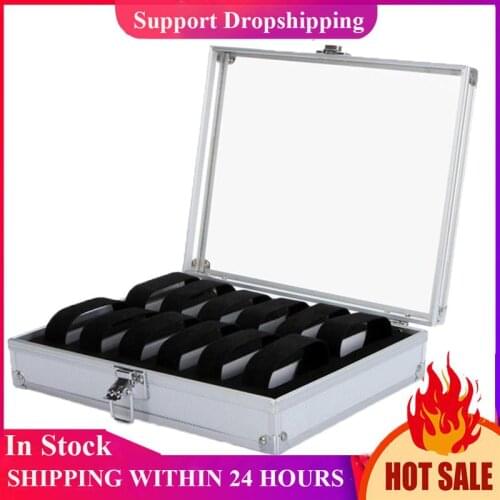 Useful Aluminium Watches Box 12 Grid Slots Jewelry Watches Display Storage Box Square Case Suede Inside Rectangle Watch Holder