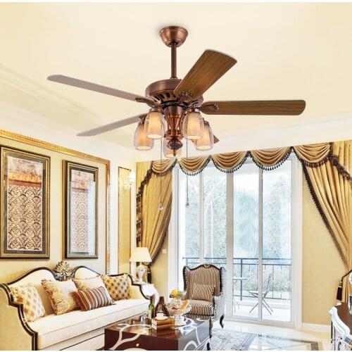 Popular Antique LED Fan Light with Remote Control Glass Lampshade Wooden Ceiling Fan Lamp Living Room Bedroom Retro E14 Lamp