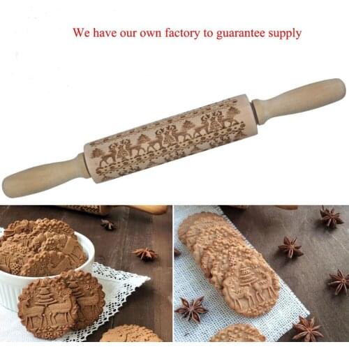 Christmas Embossing Rolling Pin Elk Baking Cookies Biscuit Fondant Cake Dough Engraved Roller Reindeer Snowflake Roll 35CM 43CM