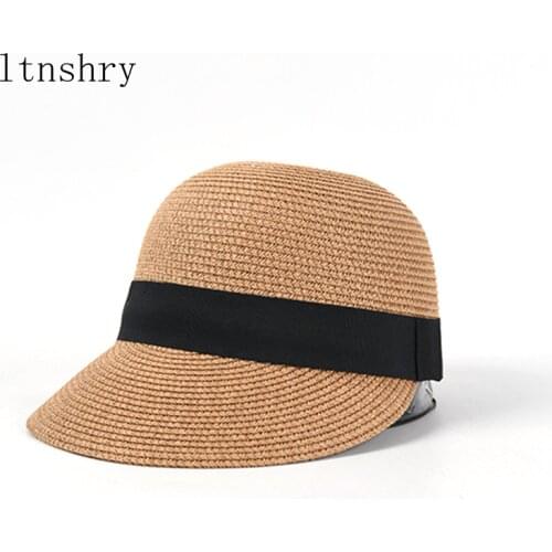 2021 New Summer Women Solid Color Straw Hat with black Ribbon Fashion Sun Hats Outdoor Casual Baseball Cap Sunscreen