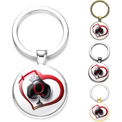 SONGDA New Peach Heart Letter Q Queen Keychain Personality Poker Spades Q Club Glass Cabochon Key Ring Car Key Chain Men Hewelry