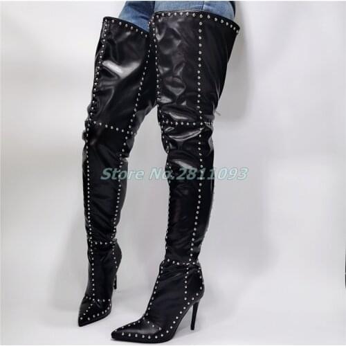 Rivet Thigh High Boots Sexy Pointed Toe Thin High Heel Over The Knee Zipper Fashion Women Winter Boots Pointed Toe Dress Boots