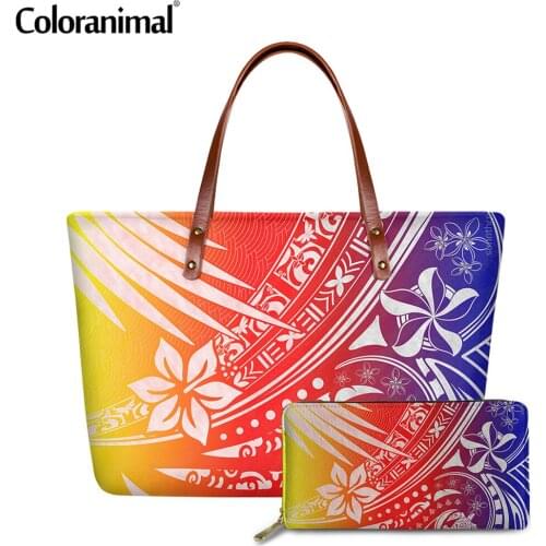 Coloranimal Hawaiian Design Women Tote Handbag Tribal Flower Printed Ladies Shoulder Bag for Ladies 2Pcs/Set Crossbody Bag&Purse