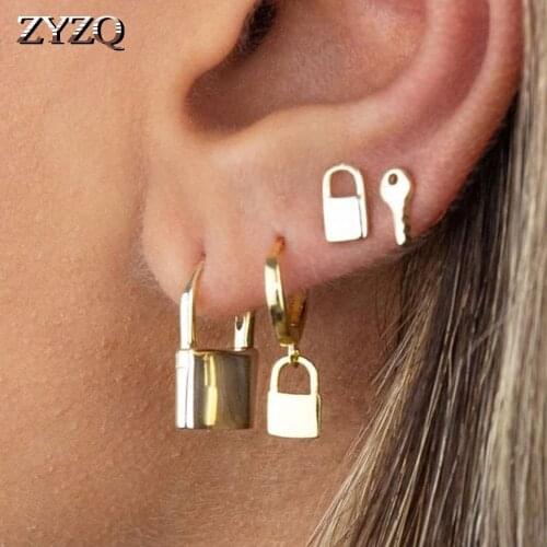 ZYZQ 4 Pc Earring Jewelry Padlock Female Earrings Hoop Key Lock Drop Earrings For Women Metal Hoop Lock Stud Earring Lovers Gift