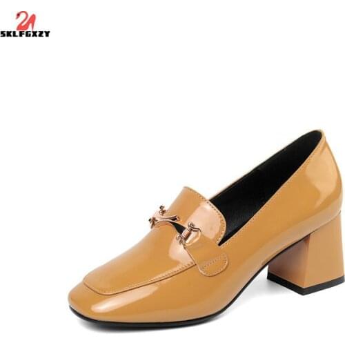 SKLFGXZY Spring Autumn 2021 Style Women Leather Shoes Square Head High Heels Wedding Party Shoes Pumps Women Shoes