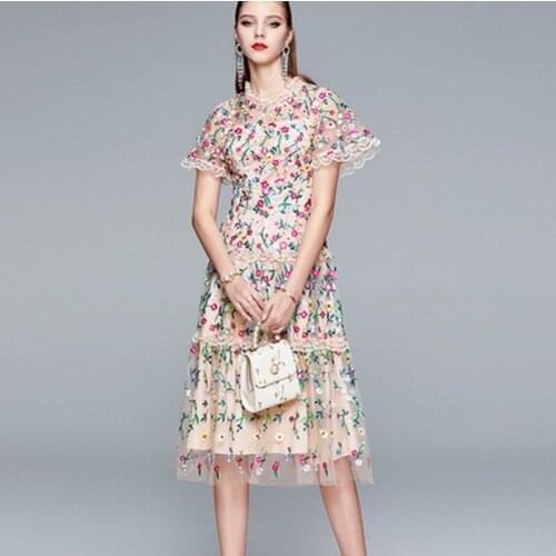 2021 summer Runway Design Floral Embroidery Dress Female Vestidos Vintage Lace Patchwork Mesh Knee-length Dress Vestido