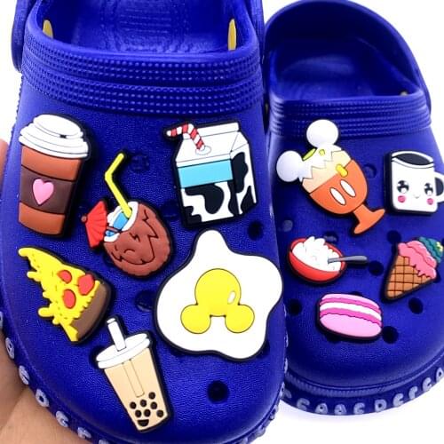 Hot Pizza Coffee Cup Icon Shoes Charms 1PCS Silicone Milk Buckles Fit Croc Slipper Graden Shoe Wristband Accessories Kids Gifts