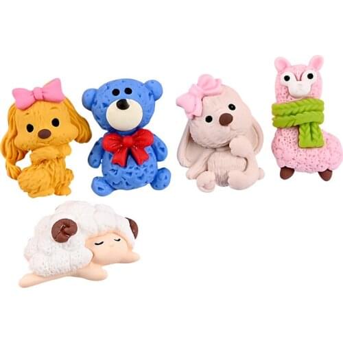 10Pcs Cartoon Rabbit Bear Dog Alpaca Sheep Resin Figurines DIY Crafts Flatback Scrapbook Decor Kids Hair Accessories Ornaments
